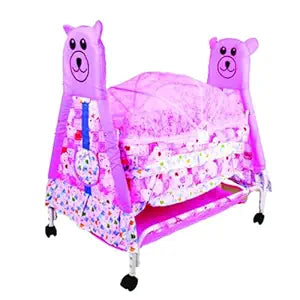 Planetarium Hub Comfort Sleep Baby Crib: 4 Wheels with Brake, Powder Coating, Short Mosquito Nets - Ensuring Safety and Convenience for Your Baby's Sweet Dreams - Pink-CC-J11