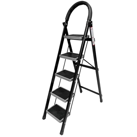 Planetarrium Hub 5 Step Steel Step-Ladder for Home | Heavy Duty Foldable Ladder with Wide Ant-Slip Steps and Anti-Skid Shoes - Black - graphite