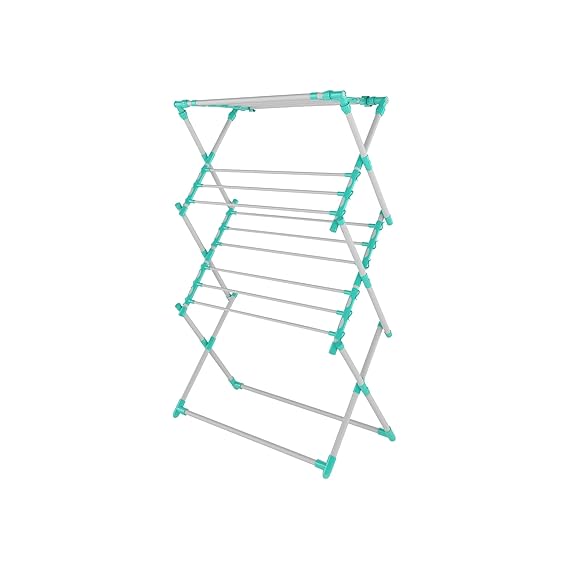 Dryster Mild Steel Pre-Assembled Foldable Premium Cloth Drying Stand with 4 Extractable Rods (Sea Green)