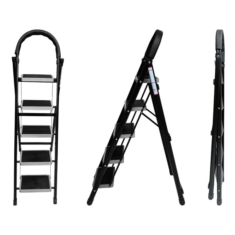 Planetarrium Hub 5 Step Steel Step-Ladder for Home | Heavy Duty Foldable Ladder with Wide Ant-Slip Steps and Anti-Skid Shoes - Black - graphite