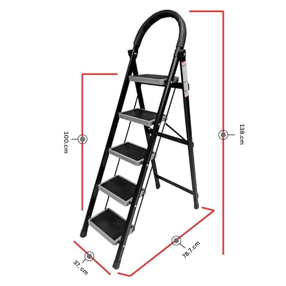 Planetarrium Hub 5 Step Steel Step-Ladder for Home | Heavy Duty Foldable Ladder with Wide Ant-Slip Steps and Anti-Skid Shoes - Black - graphite