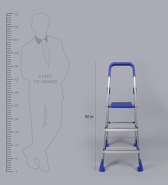 Planetarium Hub 3 Steps Steel Ladder - Wide Anti-Skid Step Ladder - Easy to Fold - Support Handle and Tool Tray for Home - Rust Free - Step Ladder for Home Use - Skid-Free Steps - Maple Ladder