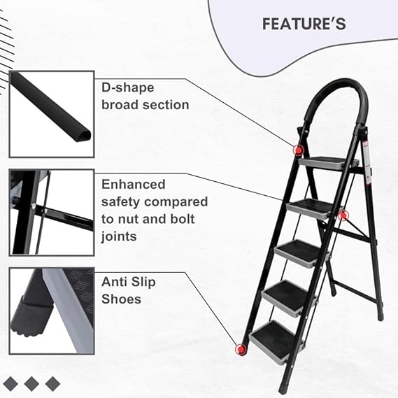 Planetarrium Hub 5 Step Steel Step-Ladder for Home | Heavy Duty Foldable Ladder with Wide Ant-Slip Steps and Anti-Skid Shoes - Black - graphite