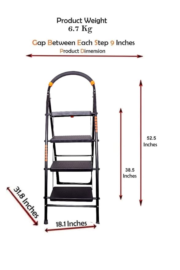 Planetarium Hub 4 Steps Steel Ladder - Wide Anti-Skid Step Ladder - Easy to Fold - Support Handle and Tool Tray for Home - Cameo Ladder