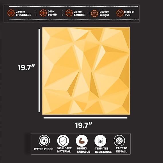 Planetarrium Diamond 3D PVC Wall Panels - Gold Color Diamond Design - (19.7 x 19.7, Covers 16.17 Sq. ft. (Pack of 6)