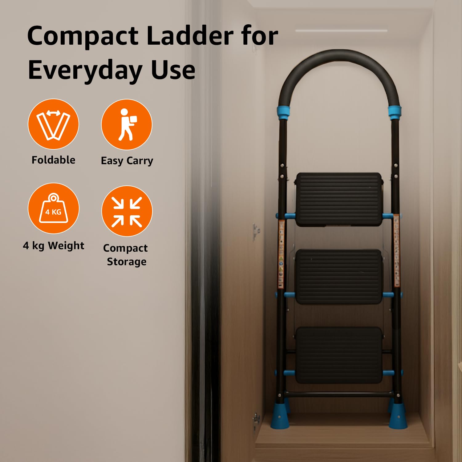 Planetarrium Basics Dynamo - Foldable Step Ladder, Anti Skid PVC Shoes, 3 Steps (Steel, Black & Lime Green)