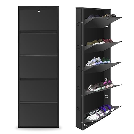 5 Shelf Metal Shoe Cabinet for Home with Doors & Lock| Wall Mount Metal Shoe Rack for Home (Black)