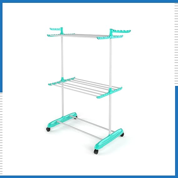 Planetarrium Hub Poly Single Pole Jumbo Steel Cloth Drying Stand, Indoor Cloth Dryer Rack with Wheels - 2 Layer(Metal)