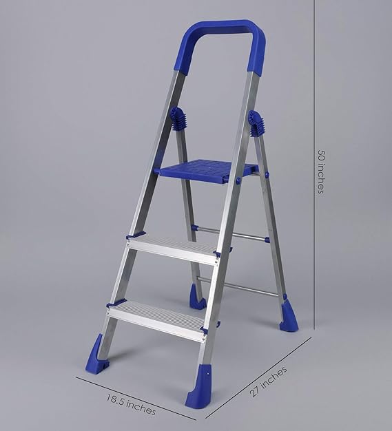 Planetarium Hub 3 Steps Steel Ladder - Wide Anti-Skid Step Ladder - Easy to Fold - Support Handle and Tool Tray for Home - Rust Free - Step Ladder for Home Use - Skid-Free Steps - Maple Ladder