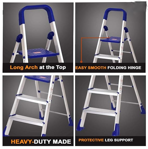 Planetarium Hub 3 Steps Steel Ladder - Wide Anti-Skid Step Ladder - Easy to Fold - Support Handle and Tool Tray for Home - Rust Free - Step Ladder for Home Use - Skid-Free Steps - Maple Ladder