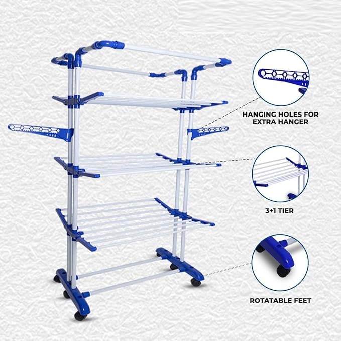 Planetarium Hub Super Jumbo Size Stainless Steel Cloth Dryer Stand with Foldable Design and Caster Wheels - 4-Tier Laundry Drying Rack with Adjustable Side Wings for Towels