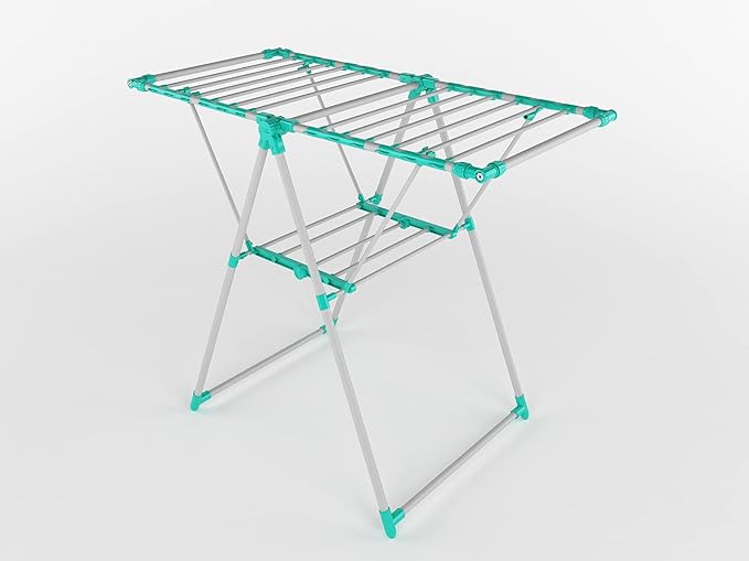 planetarium Lofty Mild Steel Pre-Assembled Foldable Cloth Drying Stand/Rack with 4 Extractable Rods (Sea Green)