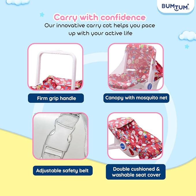 planetarium Baby Carry Cot & Rocking Chair with Adjustable Handle| 3-Point Safety Lap Belt | Double Cushioned Washable Seats & Large Canopy for Babies (Red)