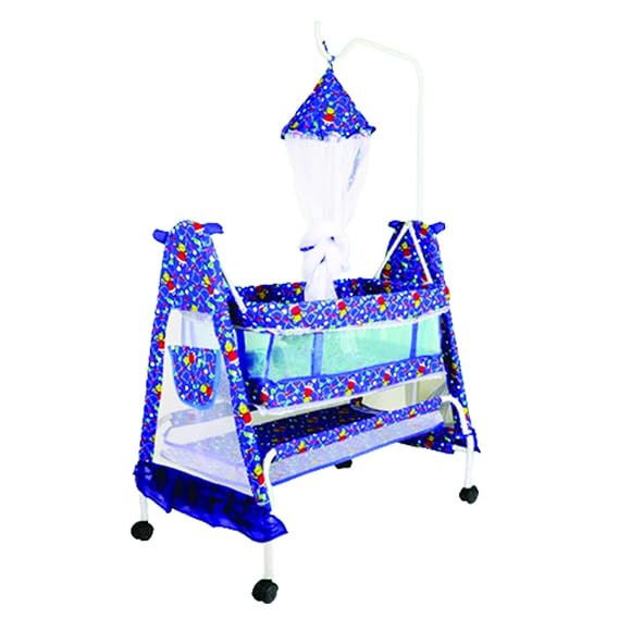 Planetarium Hub Comfort Sleep Baby Crib: 4 Wheels with Brake, Powder Coating, Short Mosquito Nets - Ensuring Safety and Convenience for Your Baby's Sweet Dreams - Blue Printed- CC-J14