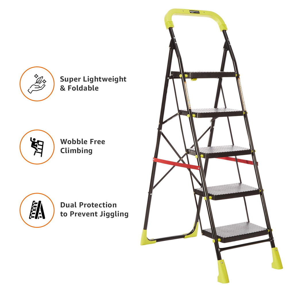 Planetarrium Basics Dynamo - Foldable Step Ladder, Anti Skid PVC Shoes, 3 Steps (Steel, Black & Lime Green)