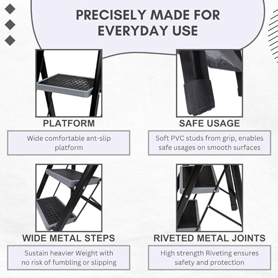 Planetarrium Hub 5 Step Steel Step-Ladder for Home | Heavy Duty Foldable Ladder with Wide Ant-Slip Steps and Anti-Skid Shoes - Black - graphite