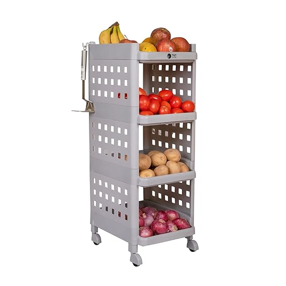 Planetarrium Hub Fizzy Plastic 4 Tier Multi-Purpose Storage Organizer Racks for Home, Kitchen, Bathroom with Wheels (Grey, 4 Layer)