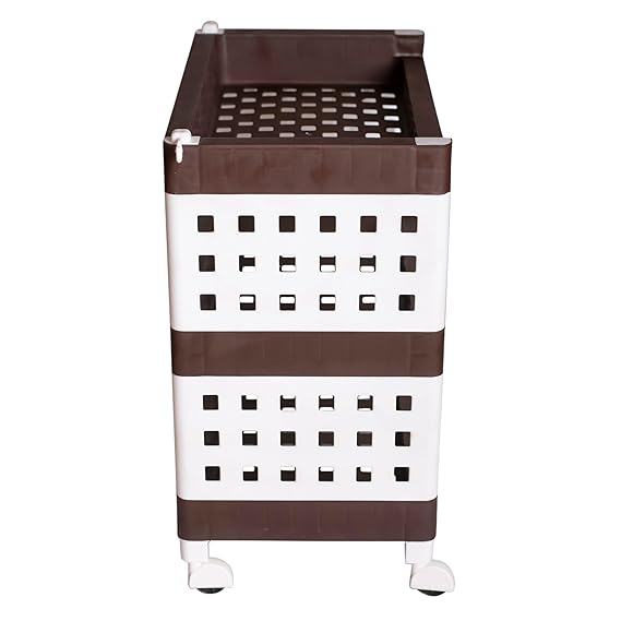 Planetarrium Hub Lexi Plastic 3 Tier Multi-Purpose Storage Organizer Kitchen Rack with Wheels | Fruits & Vegetable Stand/Basket for Kitchen (Brown)