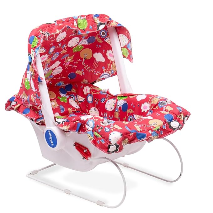 planetarium Baby Carry Cot & Rocking Chair with Adjustable Handle| 3-Point Safety Lap Belt | Double Cushioned Washable Seats & Large Canopy for Babies (Red)