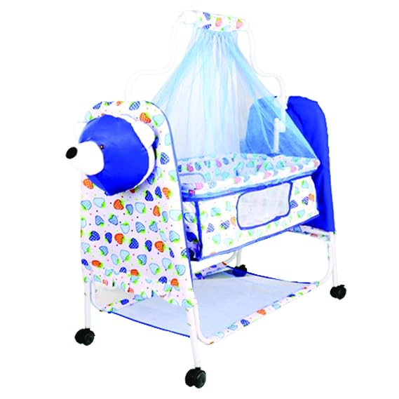 Planetarium Hub Blue Baby Cradle with Hood, Net Cover, & Teddy Bear - Easy Movement, Powder Coating, 4 Wheels with Brakes - Safe & Stylish Sleep Solution-CC-J9