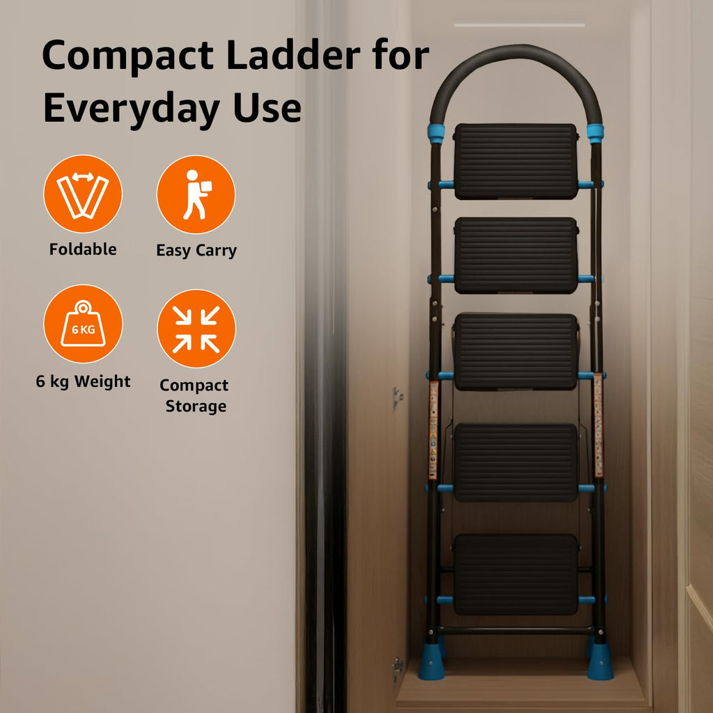 Planetarrium Basics Dynamo - Foldable Step Ladder, Anti Skid PVC Shoes, 3 Steps (Steel, Black & Lime Green)