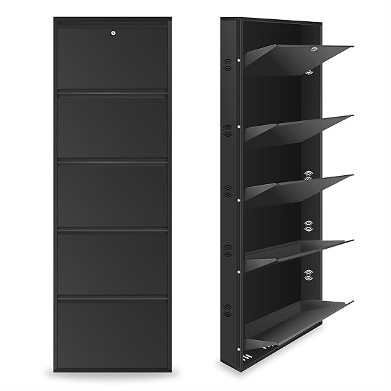 5 Shelf Metal Shoe Cabinet for Home with Doors & Lock| Wall Mount Metal Shoe Rack for Home (Black)