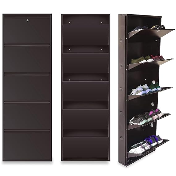 Planetarrium Hub 5 Shelf Metal Shoe Cabinet for Home with Doors & Lock| Wall Mount Metal Shoe Rack for Home (Brown)