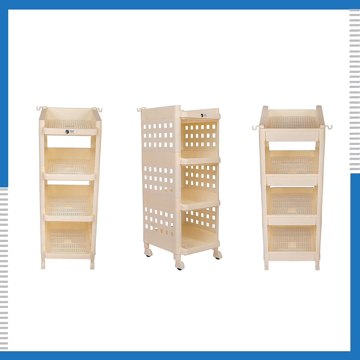 Planetarrium Hub Fizzy Plastic 4 Tier Multi-Purpose Storage Organizer Racks for Home, Kitchen, Bathroom with Wheels (Ivory, 4 Layer)