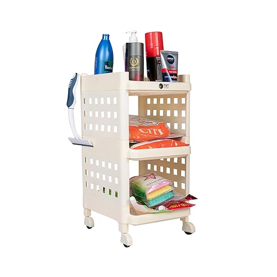 Planetarrium Hub Fizzy Plastic 3 Tier Multi-Purpose Storage Organizer Racks for Home, Kitchen, Bathroom with Wheels (Ivory, 3 Layer)