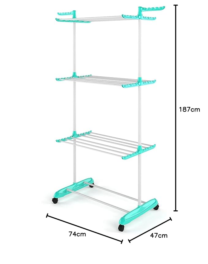 planetarium Poly Jumbo Steel Cloth Drying Stand, Indoor/Outdoor Standing Movable Cloth Dryer Rack with Wheels - 3 Layer(Metal)