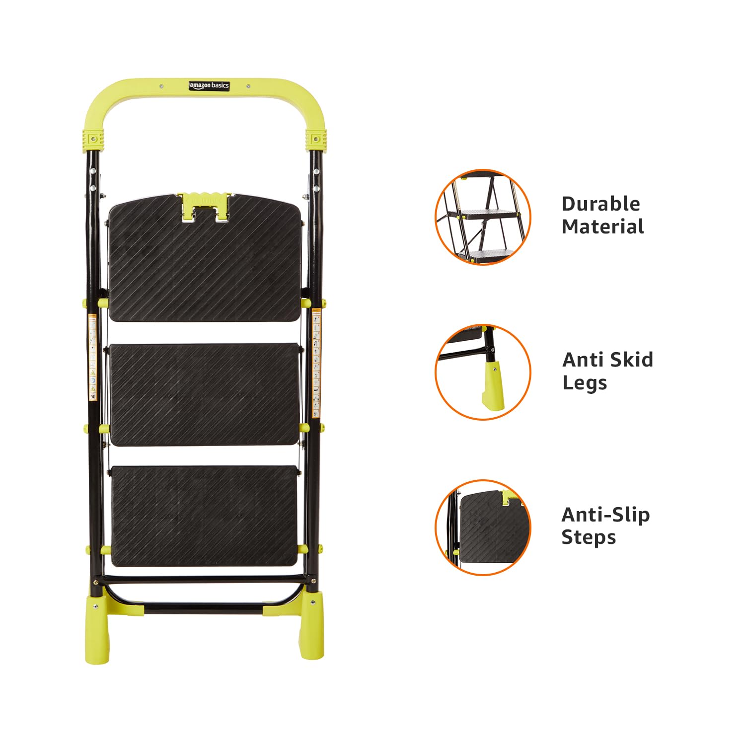 Planetarrium Basics Dynamo - Foldable Step Ladder, Anti Skid PVC Shoes, 3 Steps (Steel, Black & Lime Green)