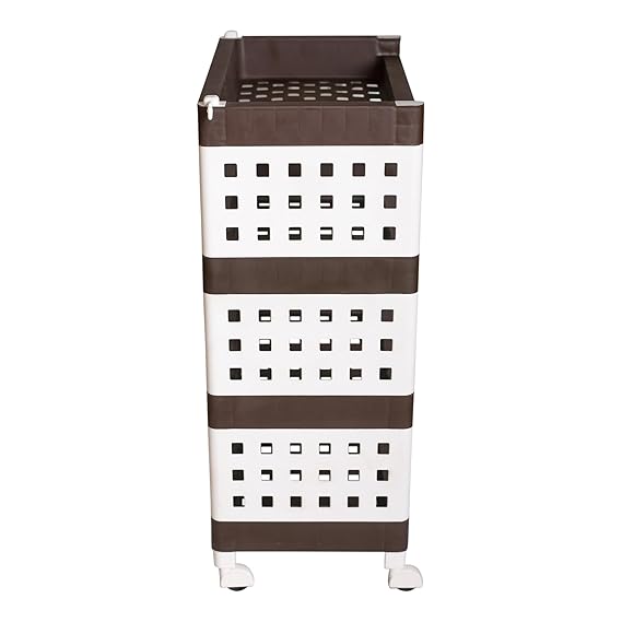 Planetarrium Hub Lexi Plastic 4 Tier Multi-Purpose Storage Organizer Kitchen Rack with Wheels | Fruits & Vegetable Stand/Basket for Kitchen (Brown)
