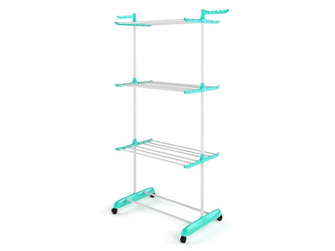 planetarium Poly Jumbo Steel Cloth Drying Stand, Indoor/Outdoor Standing Movable Cloth Dryer Rack with Wheels - 3 Layer(Metal)