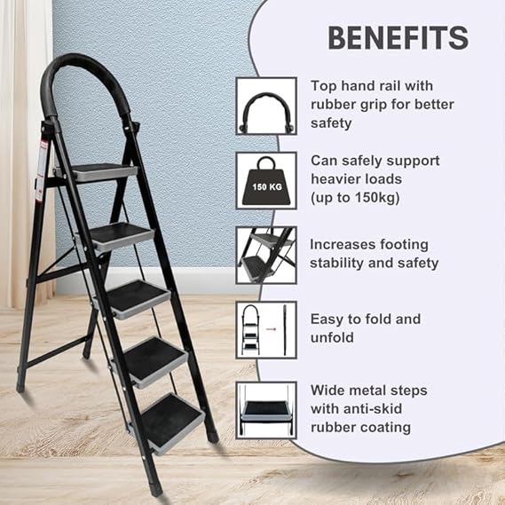 Planetarrium Hub 5 Step Steel Step-Ladder for Home | Heavy Duty Foldable Ladder with Wide Ant-Slip Steps and Anti-Skid Shoes - Black - graphite
