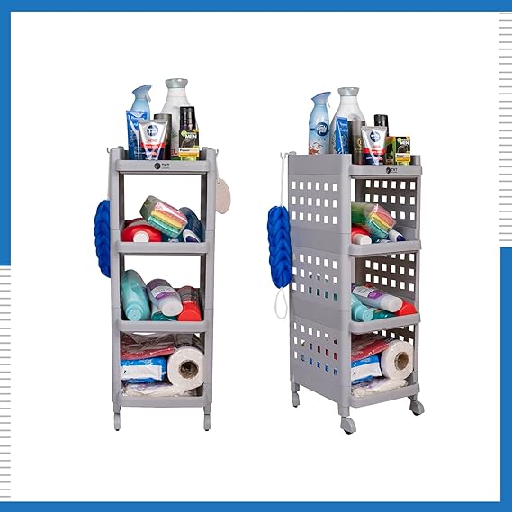 Planetarrium Hub Fizzy Plastic 4 Tier Multi-Purpose Storage Organizer Racks for Home, Kitchen, Bathroom with Wheels (Grey, 4 Layer)