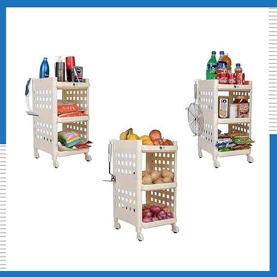 Planetarrium Hub Fizzy Plastic 3 Tier Multi-Purpose Storage Organizer Racks for Home, Kitchen, Bathroom with Wheels (Ivory, 3 Layer)