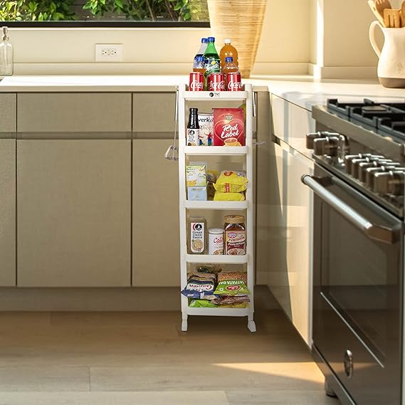 Planetarrium Hub Fizzy Plastic 5 Tier Multi-Purpose Storage Organizer Racks for Home, Kitchen, Bathroom with Wheels (Ivory, 5 Layer)