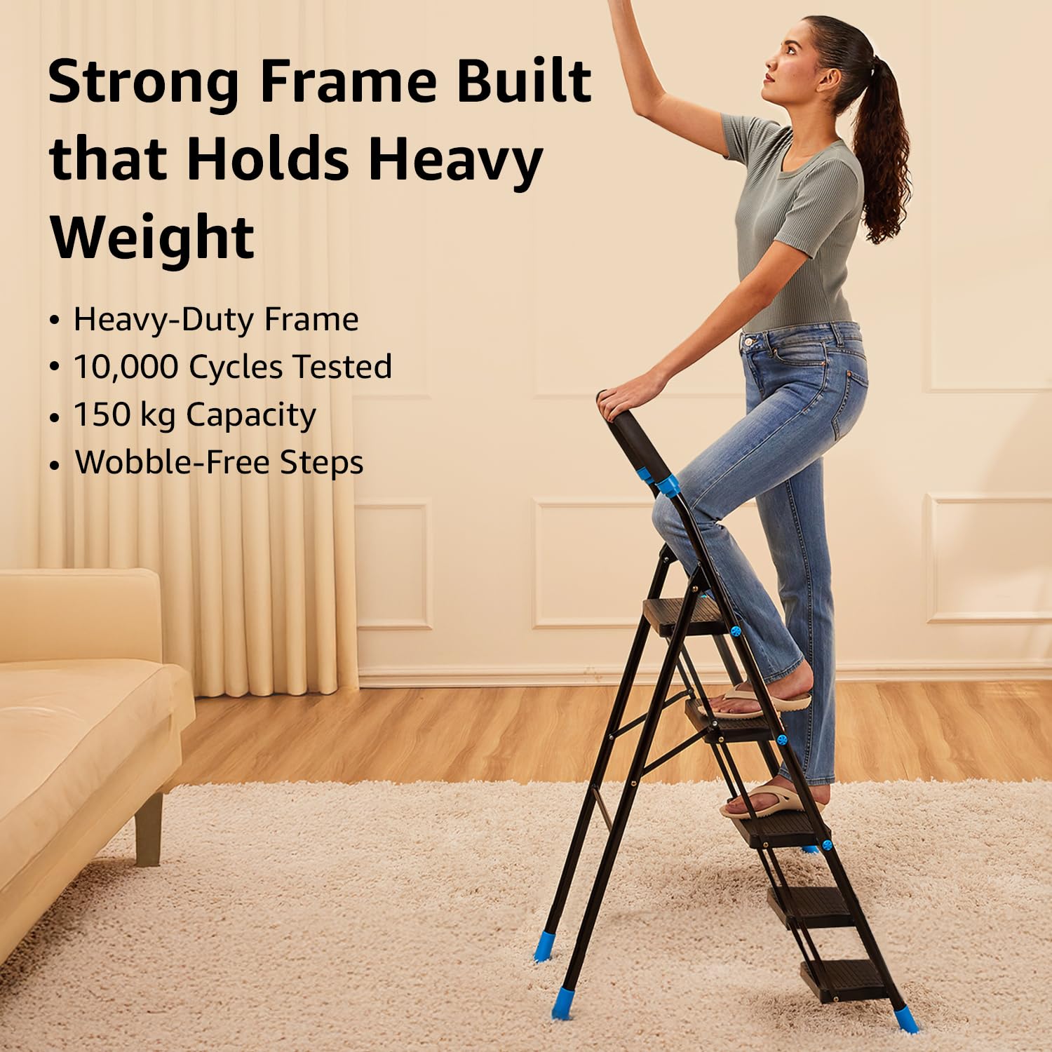 Planetarrium Basics Dynamo - Foldable Step Ladder, Anti Skid PVC Shoes, 3 Steps (Steel, Black & Lime Green)