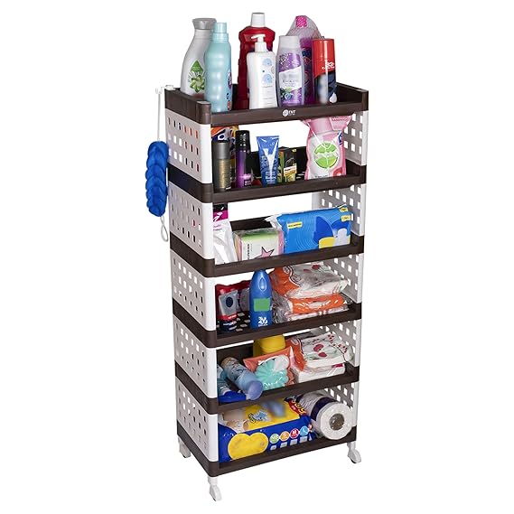 Planetarrium Hub Lexi Plastic 6 Tier Multi-Purpose Storage Organizer Kitchen Rack with Wheels | Fruits & Vegetable Stand/Basket for Kitchen (Brown)