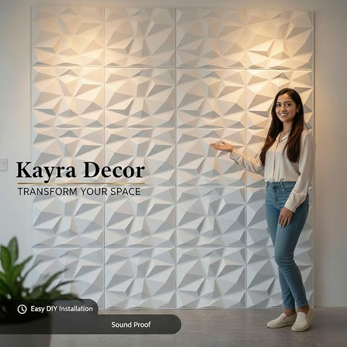 Planetarrium Decor 3D Wall Panel - USA Certified SGS Approved PVC Diamond Design, White Color 19.7" X 19.7" (Pack of 18) Covers 48.42 Sq Ft