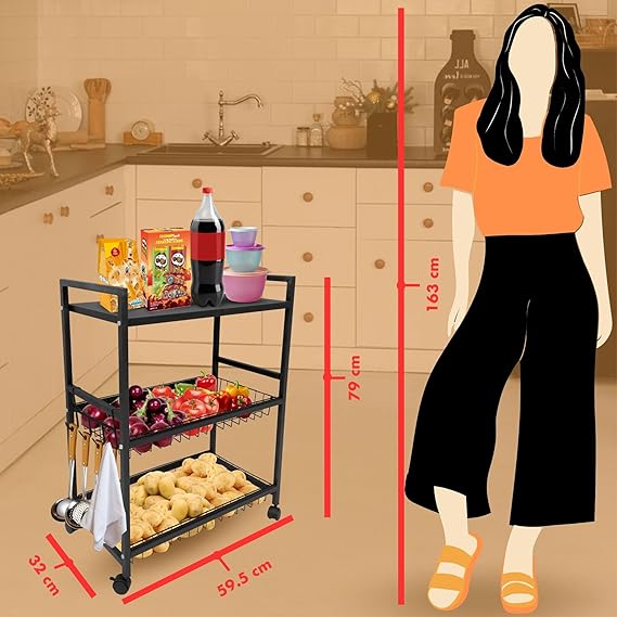 Planetarrium Hub Metal 3 Layer Kitchen Storage Rack with Shelves and Baskets | Microwave Oven, Vegetables Organizer Rack with Hooks and Wheels