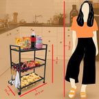 Planetarrium Hub Metal 3 Layer Kitchen Storage Rack with Shelves and Baskets | Microwave Oven, Vegetables Organizer Rack with Hooks and Wheels