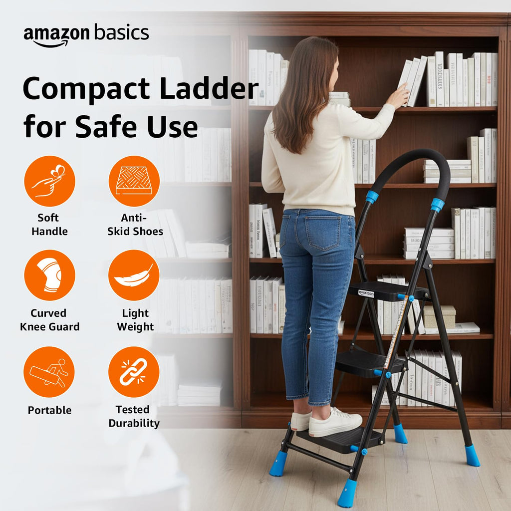 Planetarrium Basics Dynamo - Foldable Step Ladder, Anti Skid PVC Shoes, 3 Steps (Steel, Black & Lime Green)