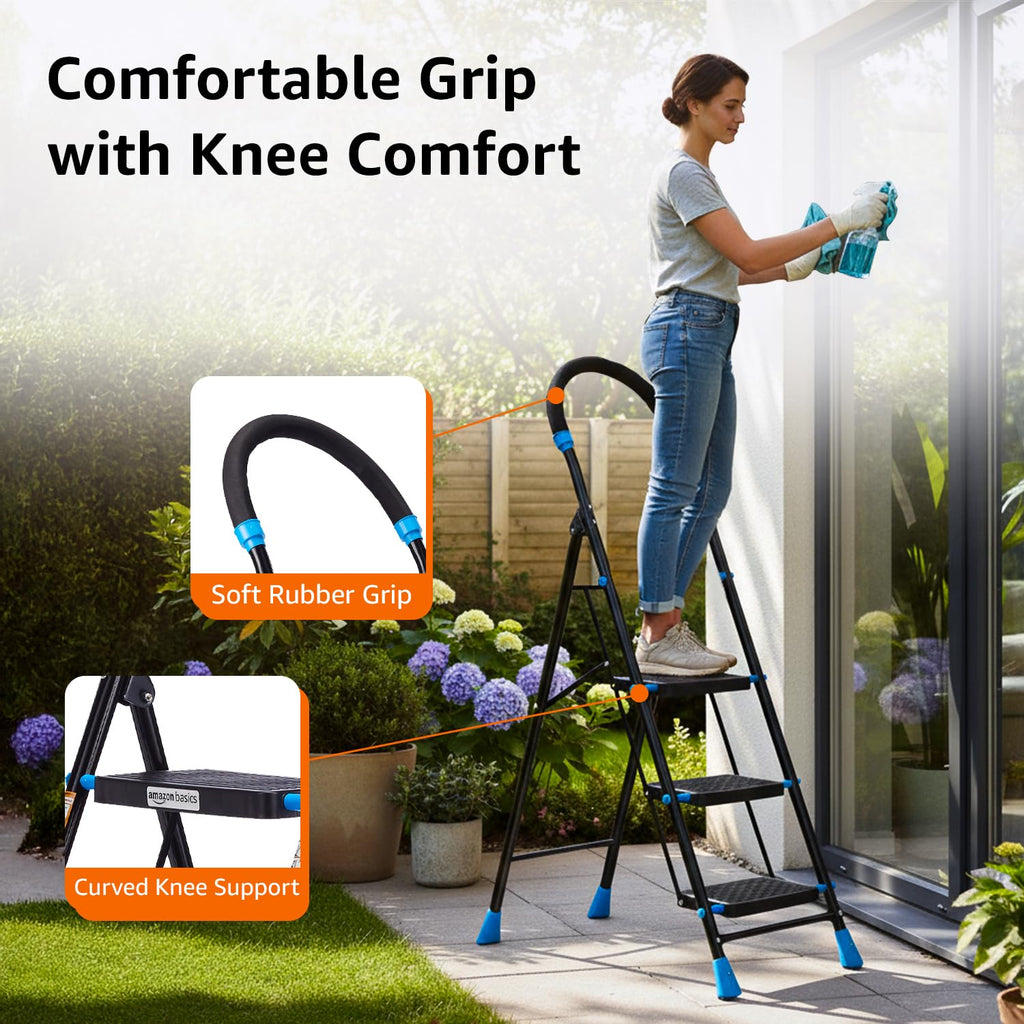 Planetarrium Basics Dynamo - Foldable Step Ladder, Anti Skid PVC Shoes, 3 Steps (Steel, Black & Lime Green)