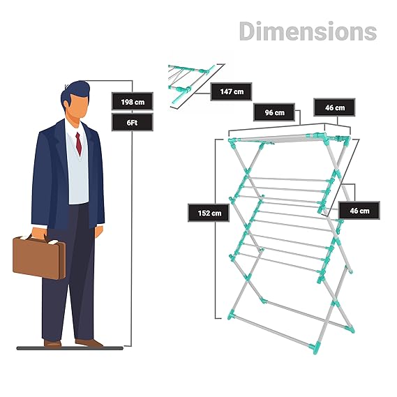 Dryster Mild Steel Pre-Assembled Foldable Premium Cloth Drying Stand with 4 Extractable Rods (Sea Green)