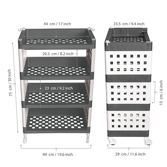 Planetarrium Hub Lexi Plastic 4 Tier Multi-Purpose Storage Organizer Kitchen Rack with Wheels | Fruits & Vegetable Stand/Basket for Kitchen (Grey)