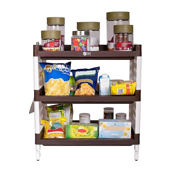 Planetarrium Hub Lexi Plastic 3 Tier Multi-Purpose Storage Organizer Kitchen Rack with Wheels | Fruits & Vegetable Stand/Basket for Kitchen (Brown)