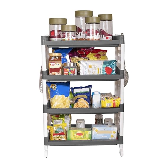 Planetarrium Hub Lexi Plastic 4 Tier Multi-Purpose Storage Organizer Kitchen Rack with Wheels | Fruits & Vegetable Stand/Basket for Kitchen (Grey)