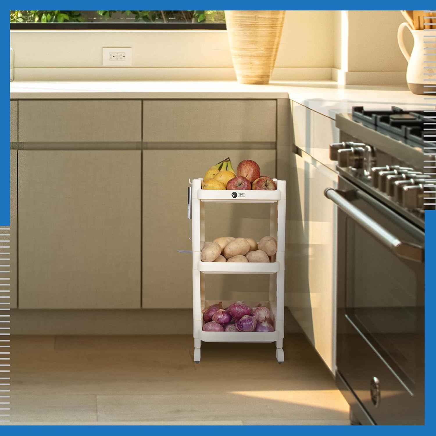 Planetarrium Hub Fizzy Plastic 3 Tier Multi-Purpose Storage Organizer Racks for Home, Kitchen, Bathroom with Wheels (Ivory, 3 Layer)