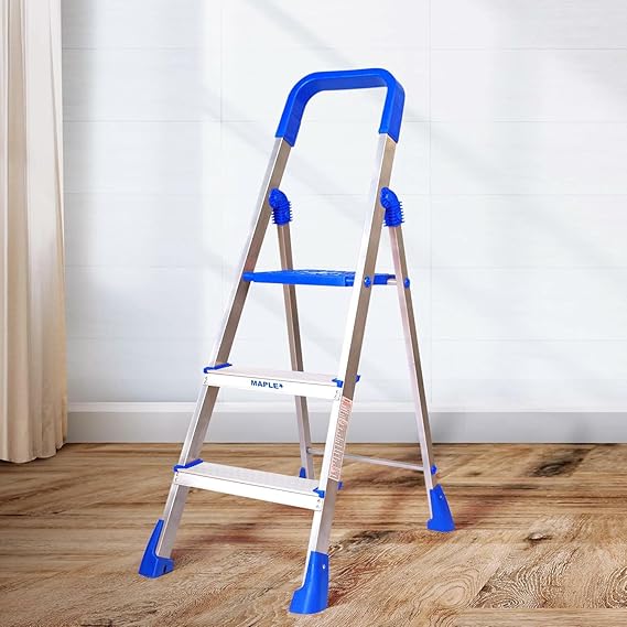 Planetarium Hub 3 Steps Steel Ladder - Wide Anti-Skid Step Ladder - Easy to Fold - Support Handle and Tool Tray for Home - Rust Free - Step Ladder for Home Use - Skid-Free Steps - Maple Ladder